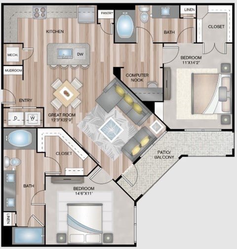 Floor plan for 2 beds, 2 baths, 1208 sqft